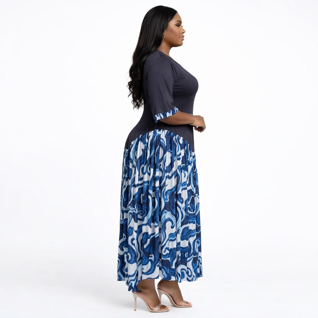 Elegant Black and Blue Marble Print Maxi Dress  with Structured Bodice