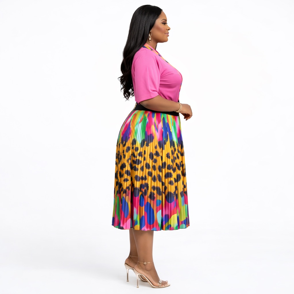 Vibrant Pink and Multicolor Pleated  Midi Dress