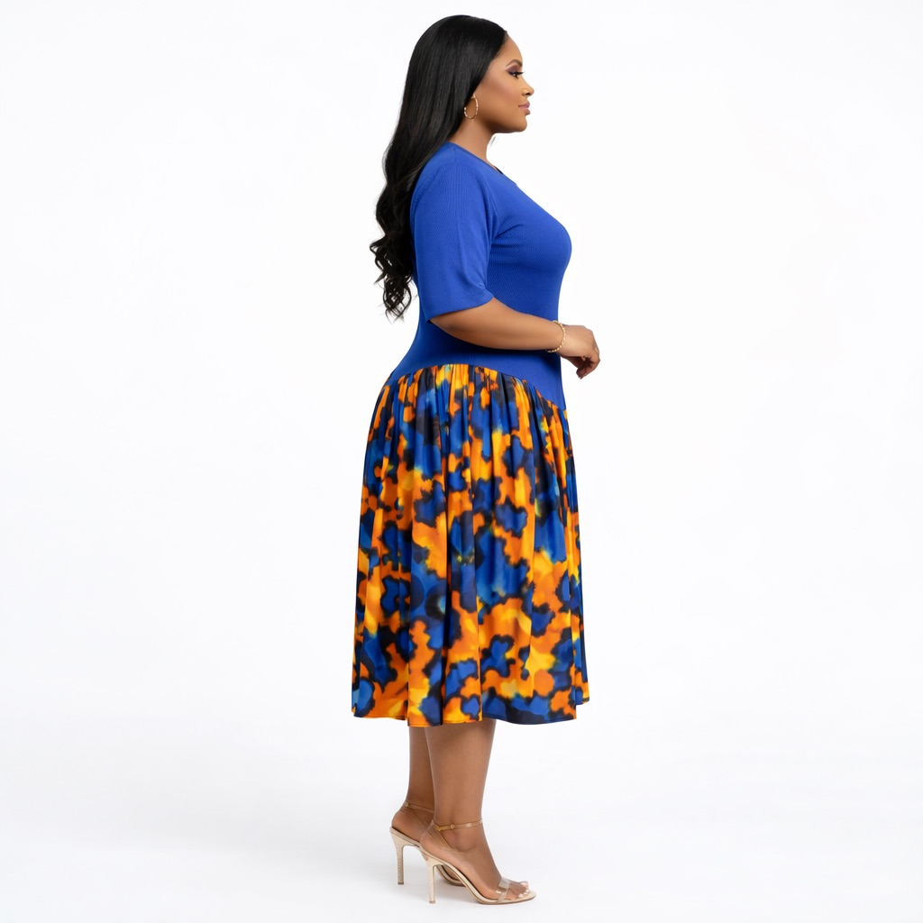 Royal Blue and Orange Abstract Print Midi Dress  with Flared Skirt