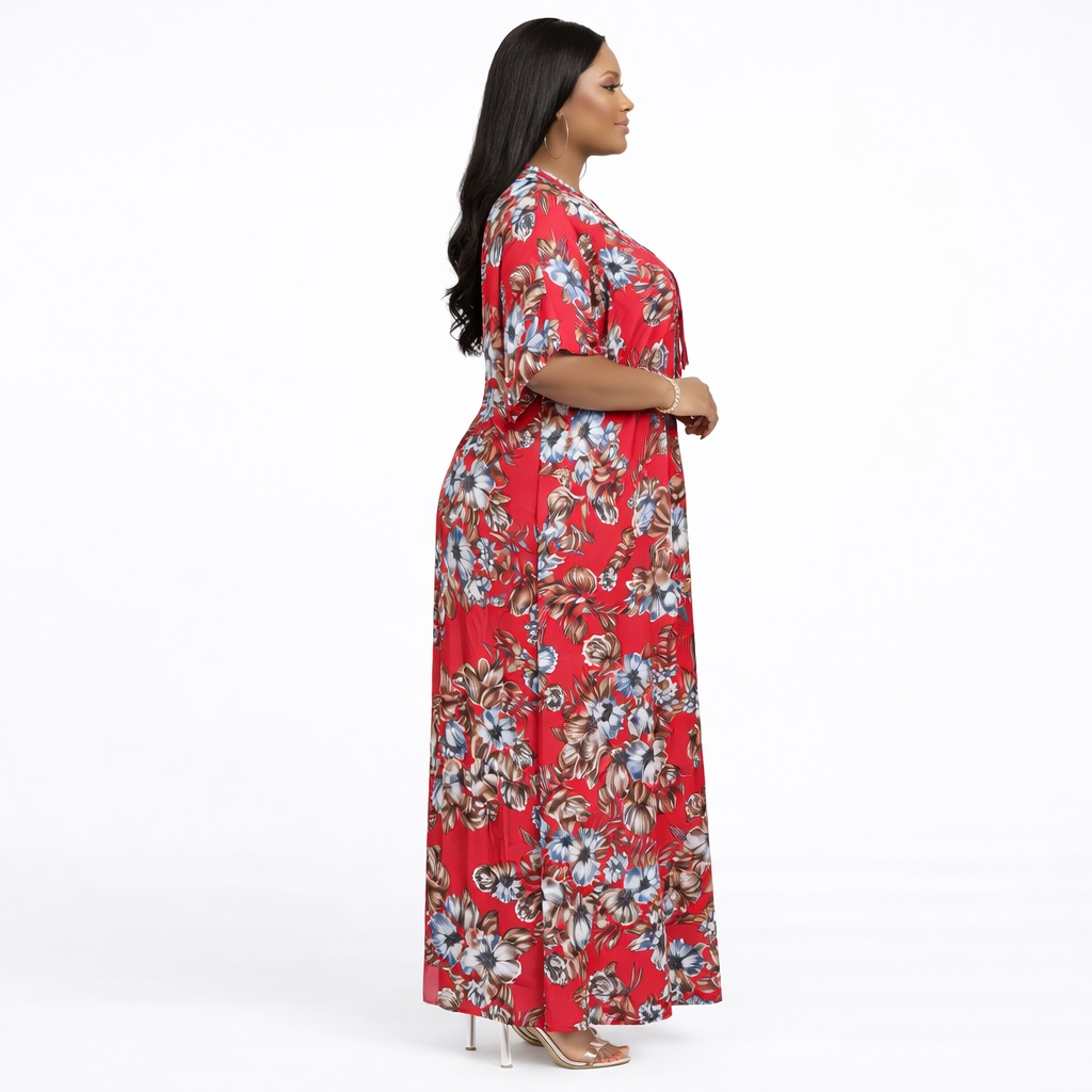 Red Floral Print Maxi Dress  with Tie Neck Detail