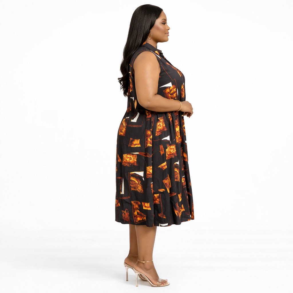 Black and Burnt Orange Abstract Print Sleeveless Midi Dress with  Button Front