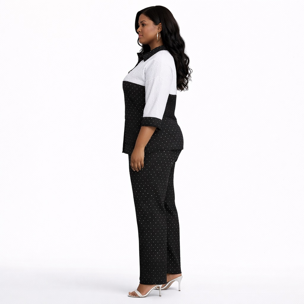 Monochrome Polka Dot Button Down Short Sleeve Two Piece  Pant Set