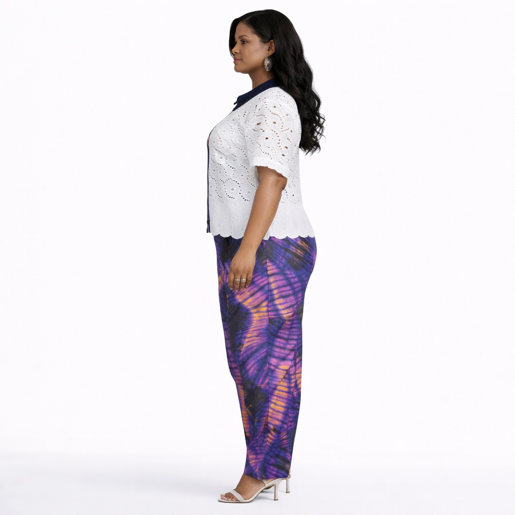 Elegant Eyelet Lace Contrast Button Up Short Sleeve Top  And  Printed Pant Two Piece Set