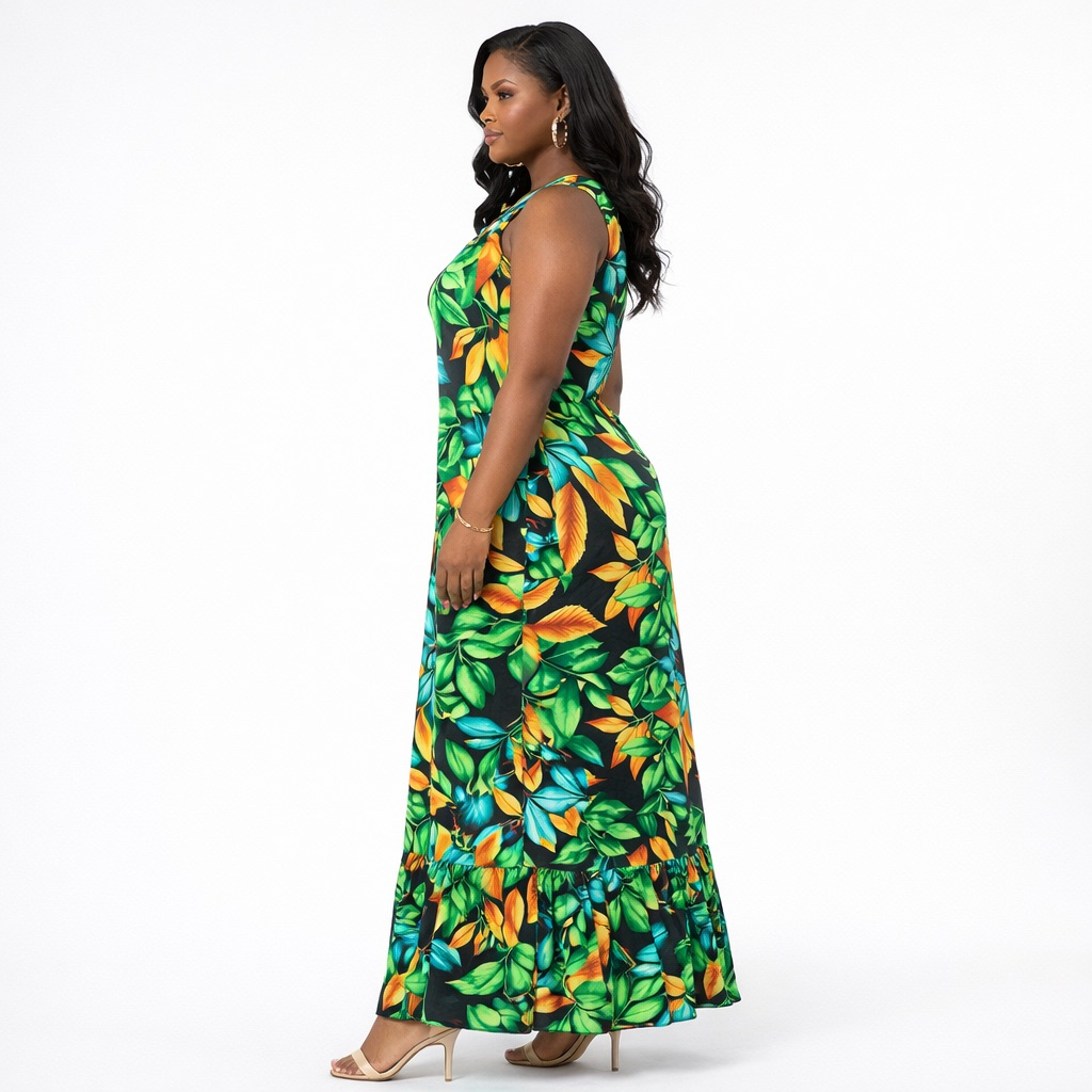 Stylish Multicolor Leaf Print Sleeveless Dress