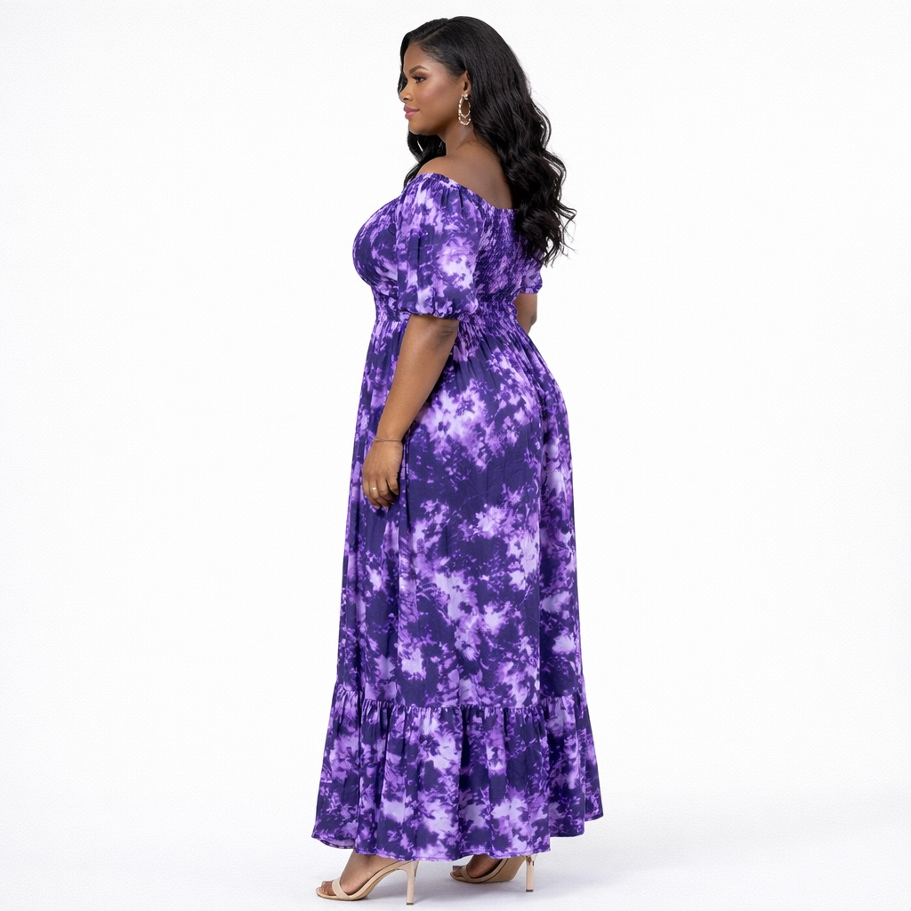 Elegant Purple Tie Dye Smocked Midi Dress