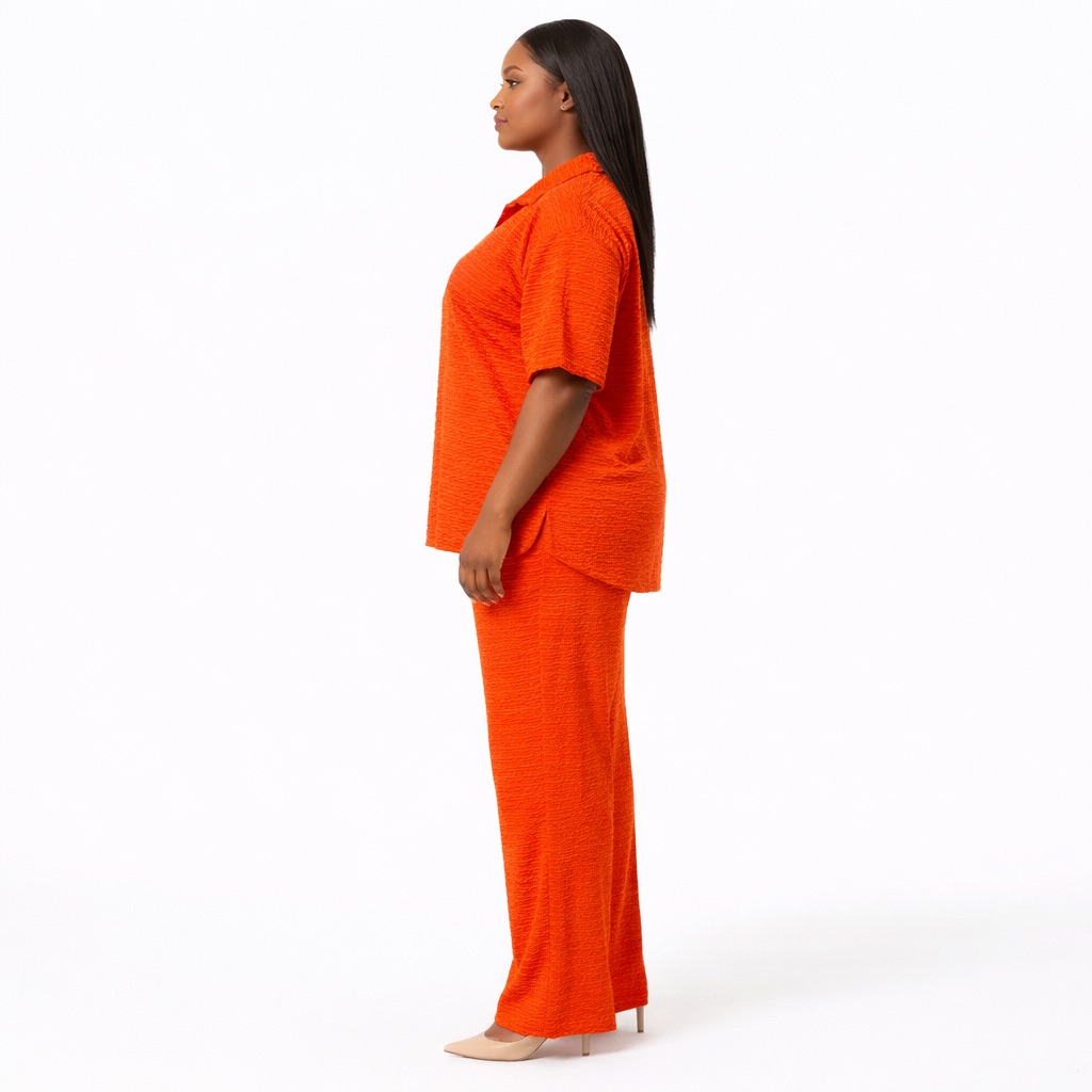 Textured Orange Polo Top & Wide Leg Pant Set