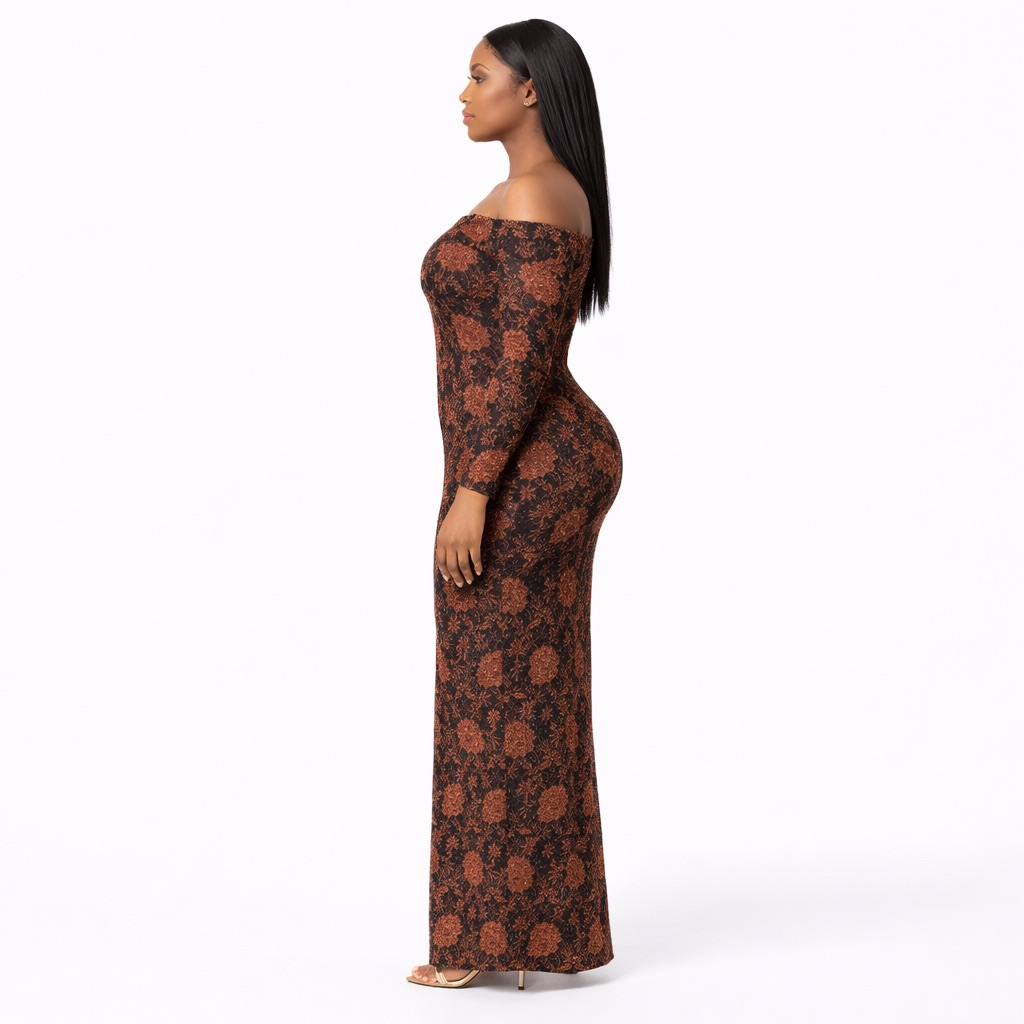 Black and Copper Glitter Off  Shoulder Bodycon Midi Dress