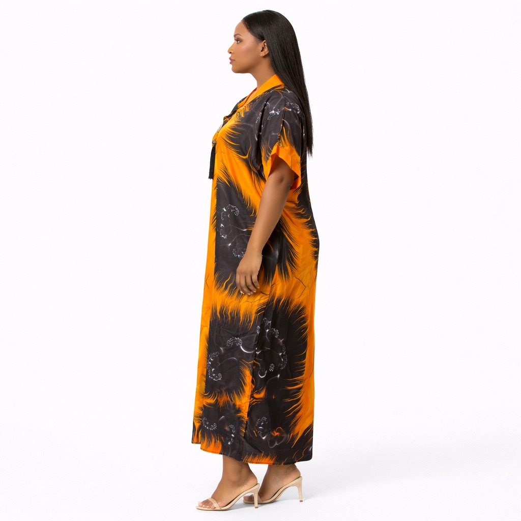 Elegant Orange & Black Adire Kaftan Maxi Dress