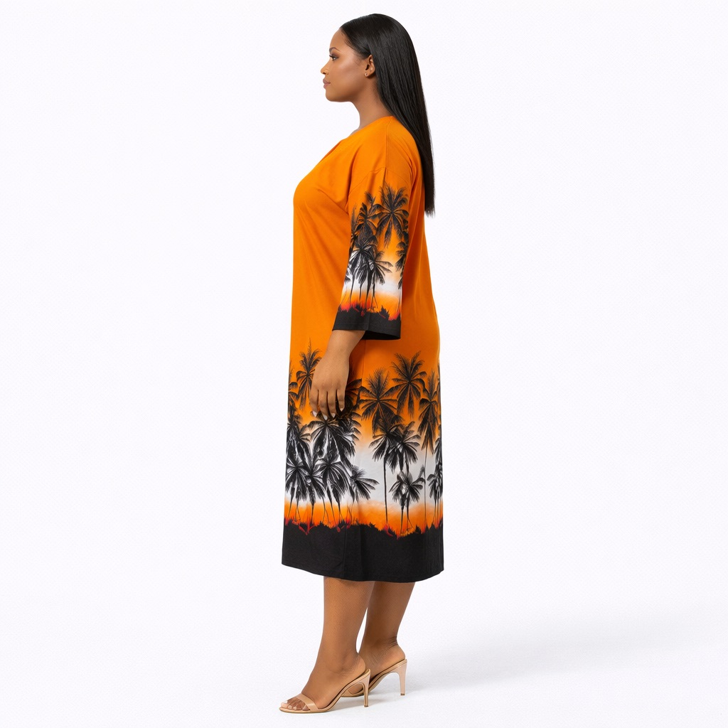 Sunset Palm Print Relaxed  Kaftan Midi Dress
