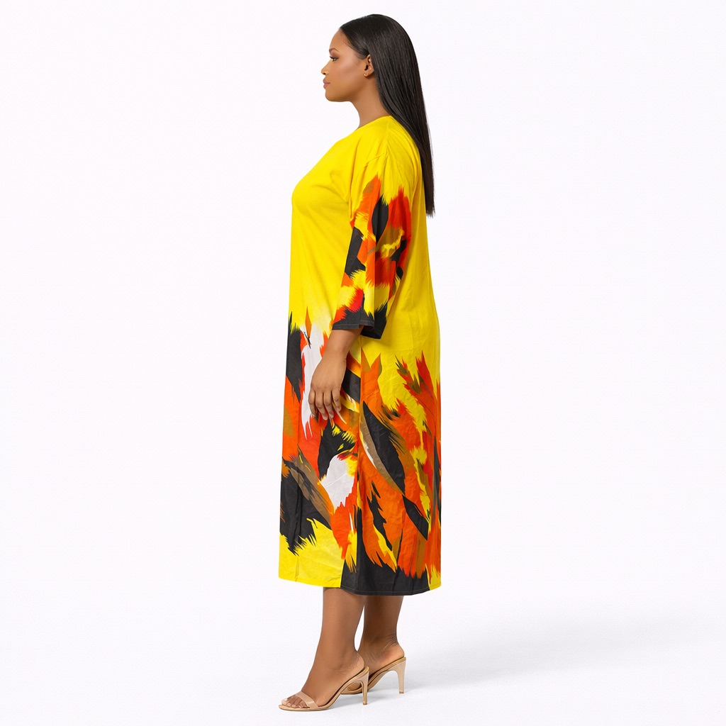 Vibrant Yellow Abstract Print Kaftan Dress