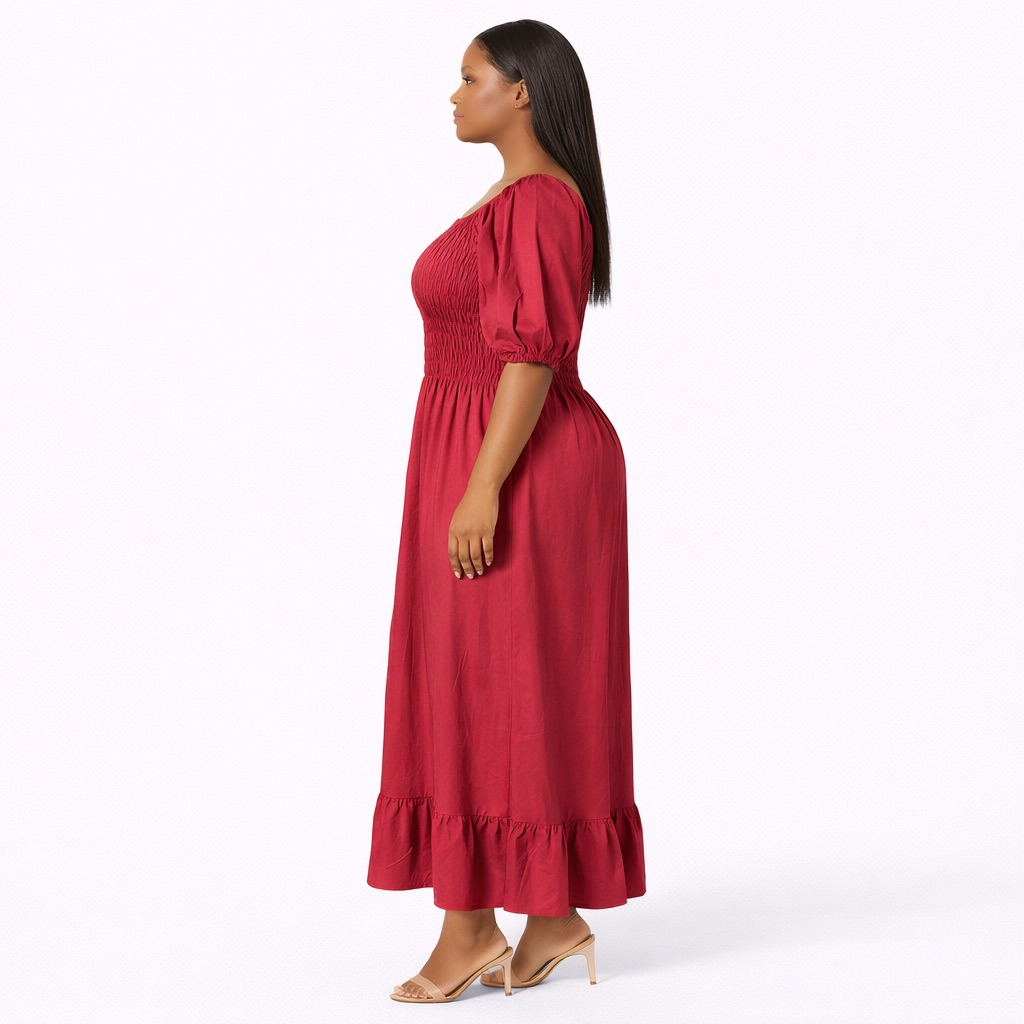 Berry Red Smocked Bodice  Puff Sleeve Maxi Dress
