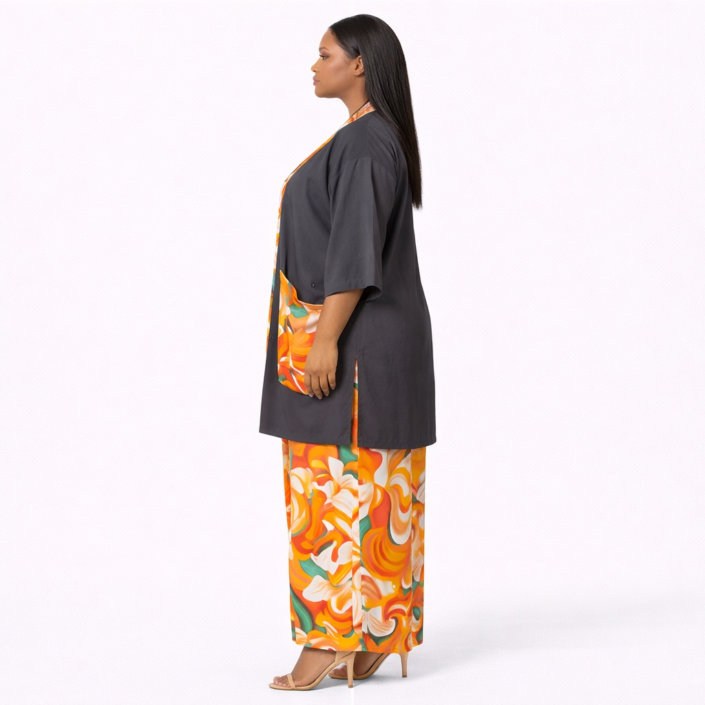 Abstract Print Inner  Dress and Solid Overlay Two Piece Set