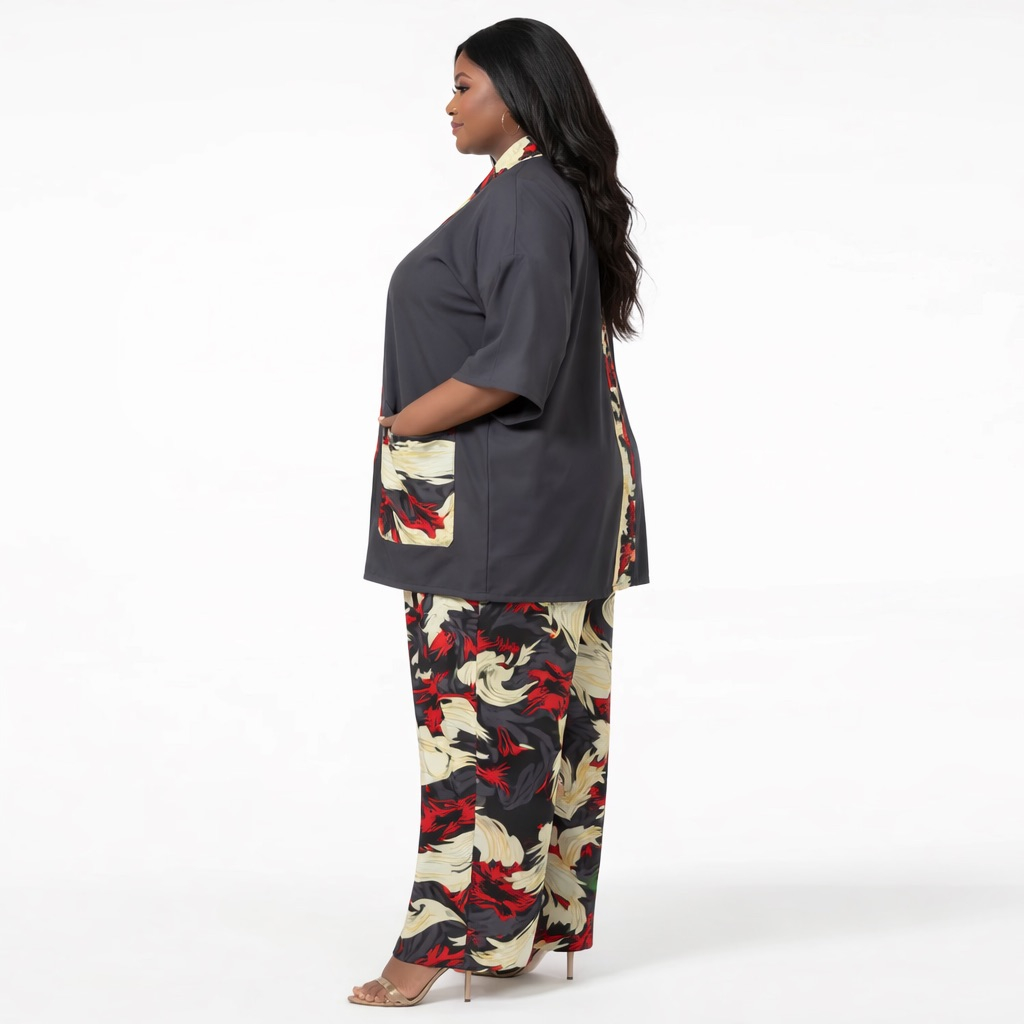 Floral Print Pant Set with  Contrast Open Front Overlay