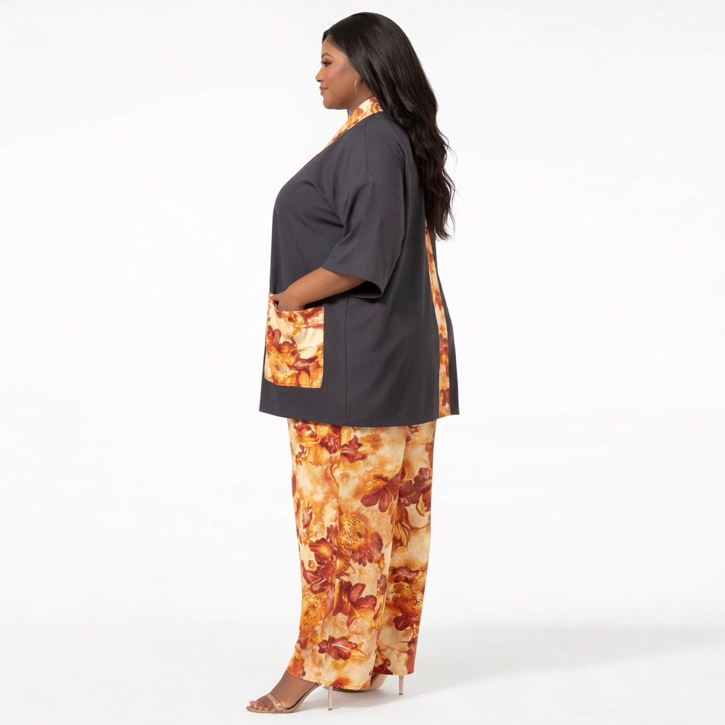 Earthy Floral Print Pant Set  with  Contrast Open Front Overlay