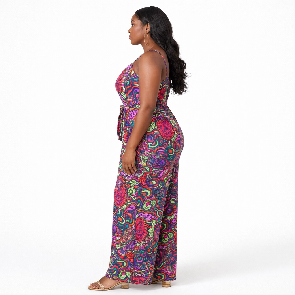 Multicolor Abstract Print Wide Leg Jumpsuit  with Tie Waist