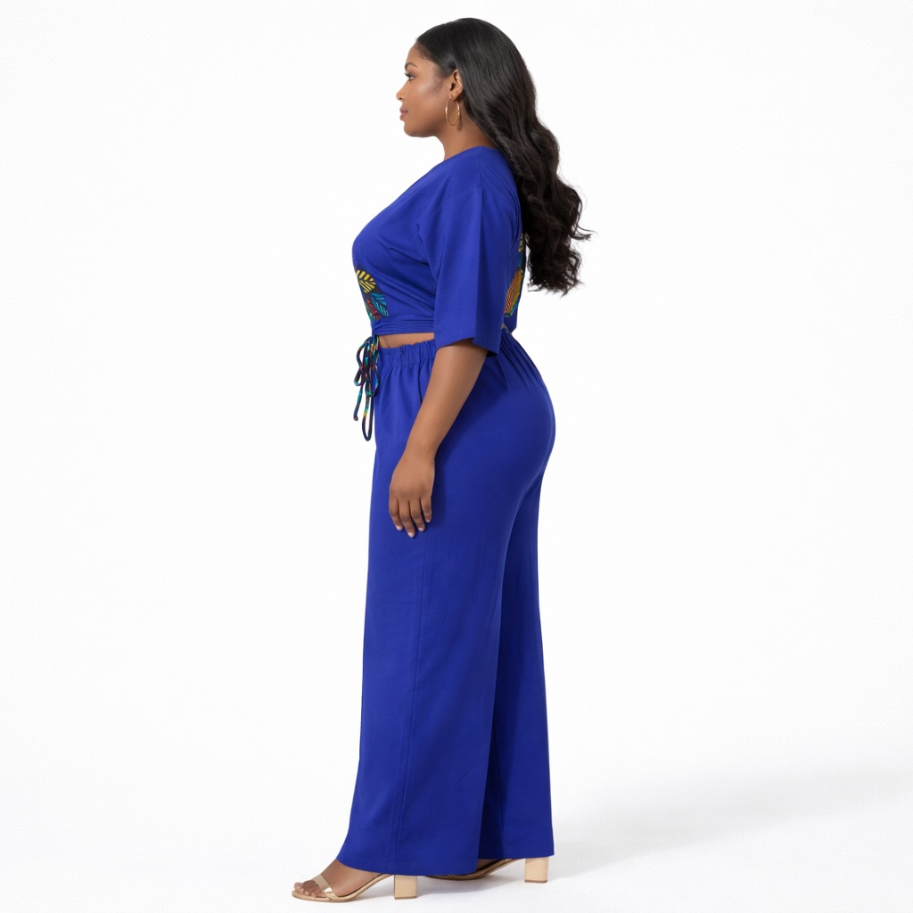 Royal Blue Contrast Print Crop Top   and Wide Leg Pants Set