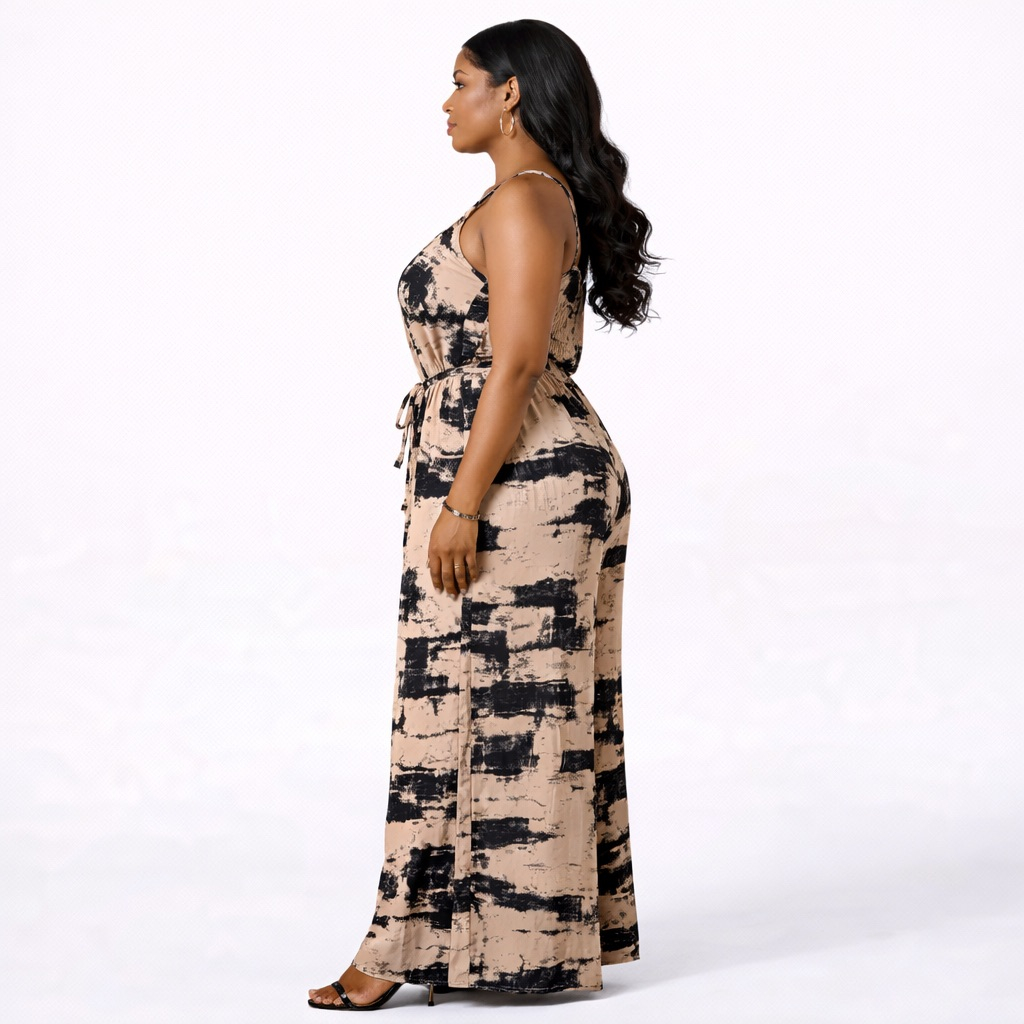 Beige Abstract Print Sleeveless Wide Leg Jumpsuit  with Tie Waist