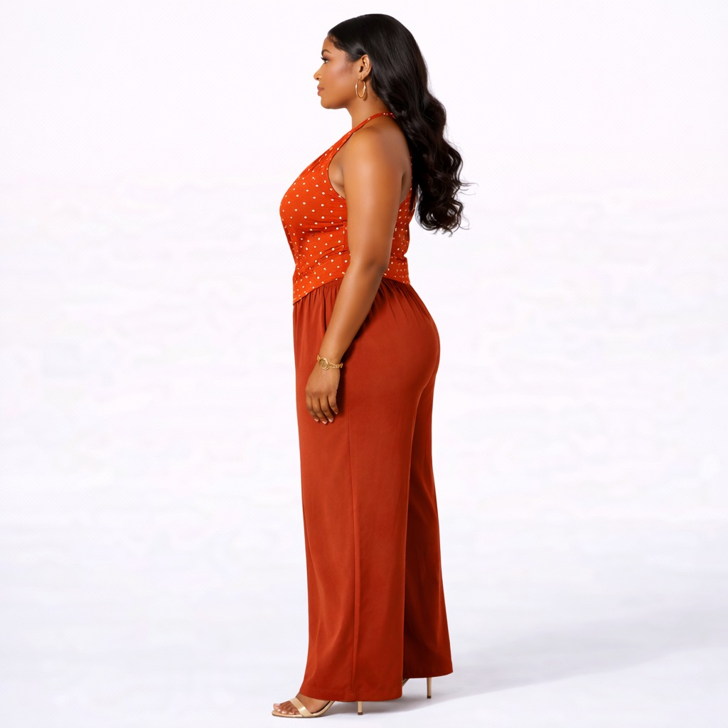 Rust Polka Dot  Halter Neck Wide Leg Jumpsuit