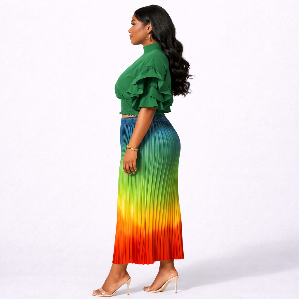 Green Ruffle Sleeve Crop Top and Ombre  Pleated Midi Skirt Set