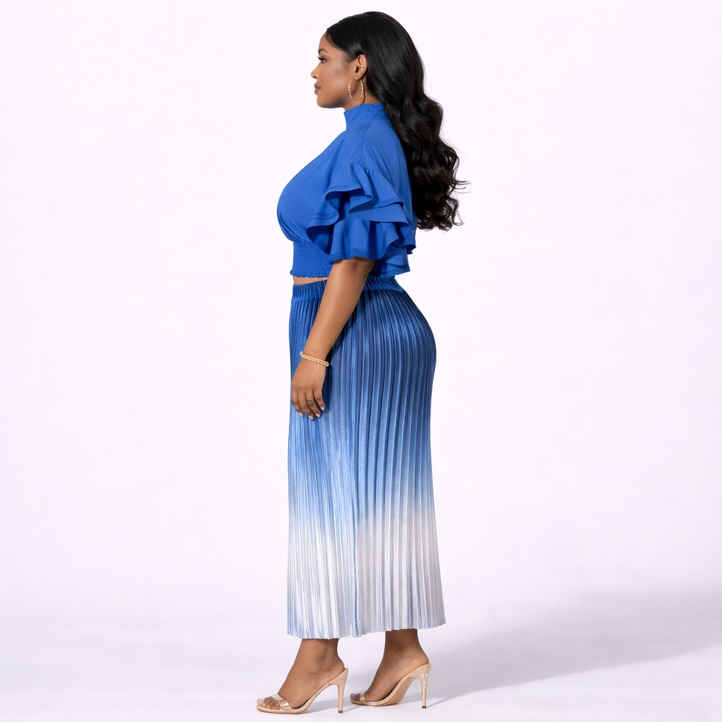 Blue Ruffle Sleeve Crop Top and Ombre Pleated  Midi Skirt Set