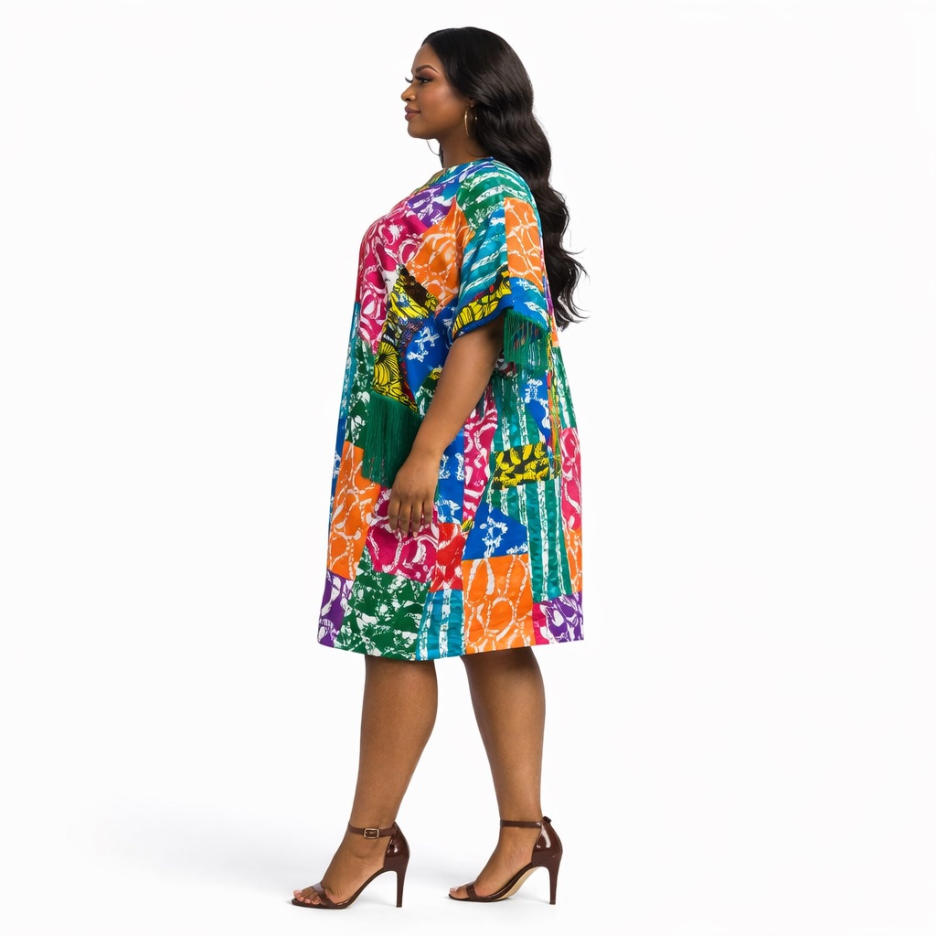 Multicolor Abstract Print Kaftan Dress  with Tassel