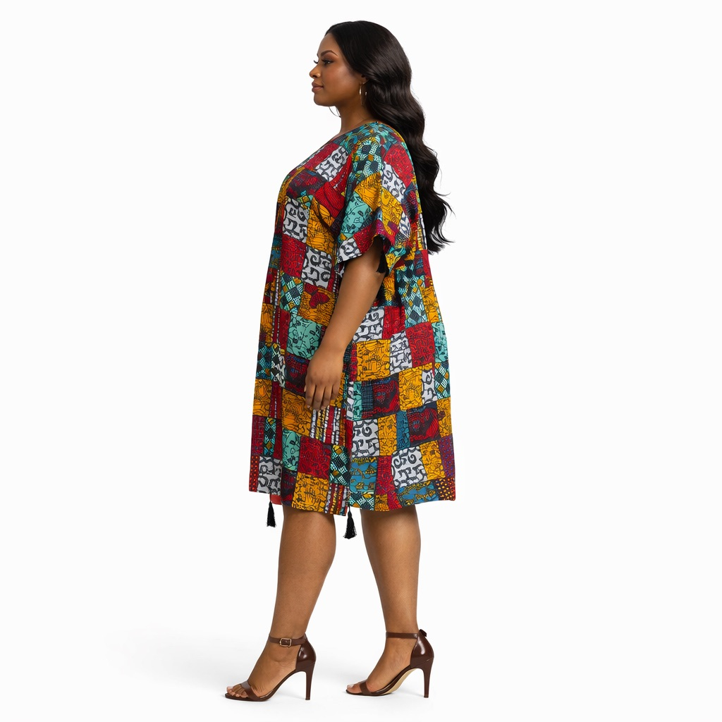 Multicolor Patchwork Print Kaftan Dress  with  Tassel Accents