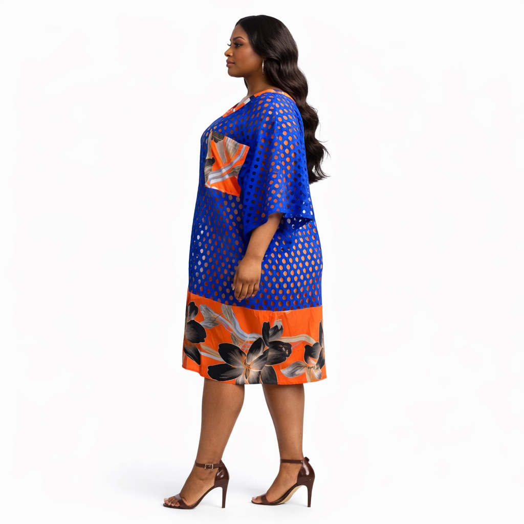 Blue Mesh Overlay Kaftan Dress  with  Floral Hem Detail