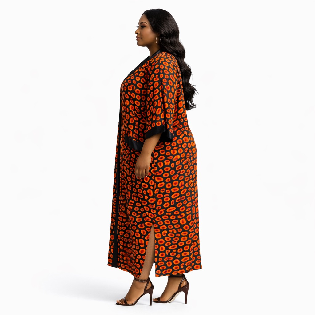 Orange Leopard Print Long Kaftan Dress  with Contrast Trim