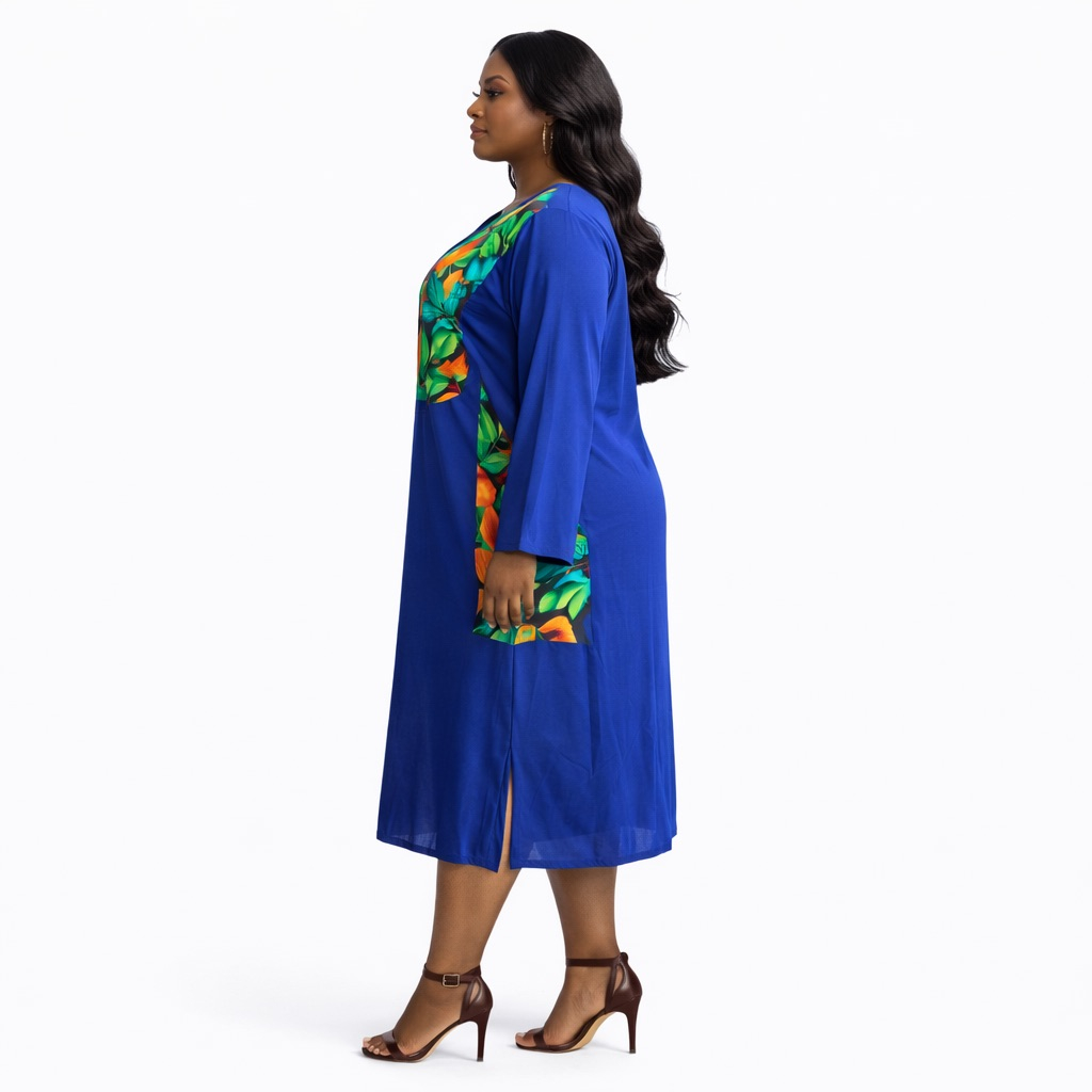 Royal Blue Kaftan Dress  with  Tropical Print Panel
