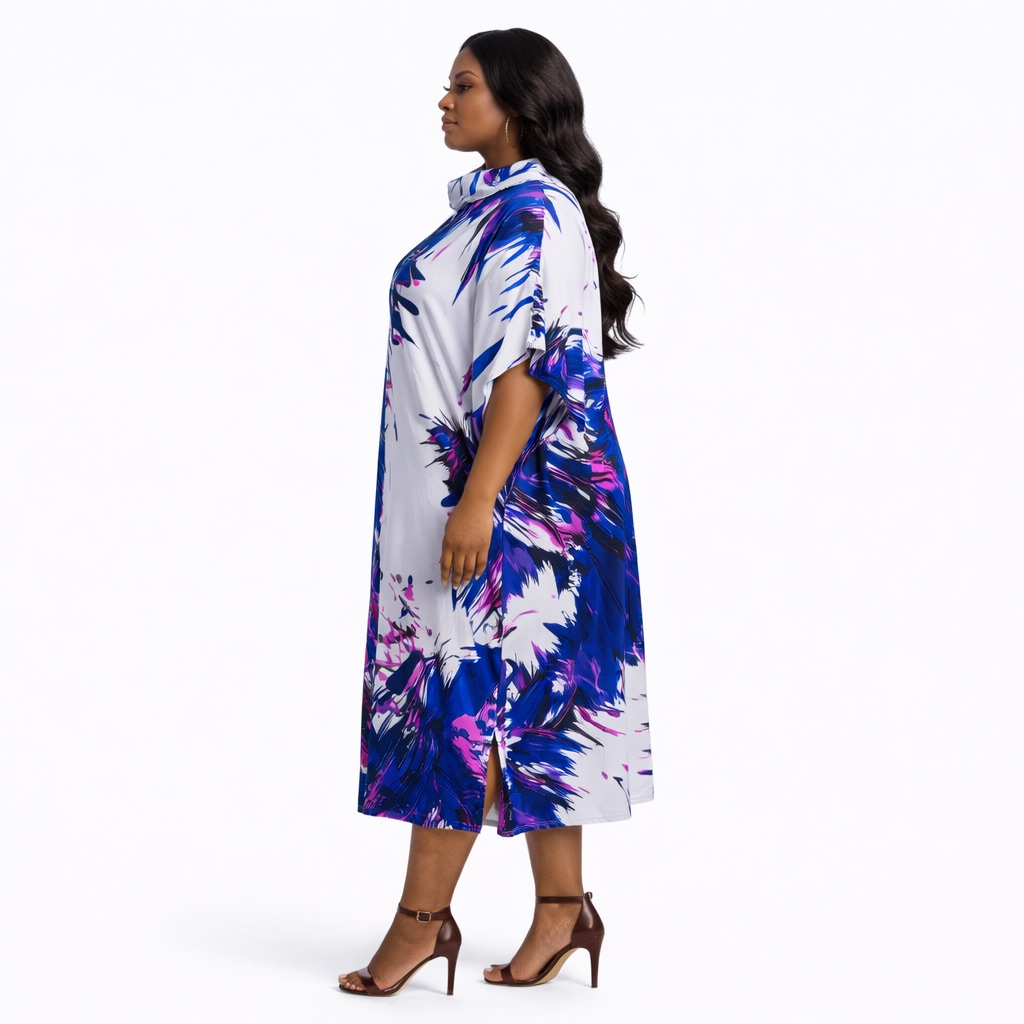 Abstract Brushstroke Print Kaftan Dress  with   High Neck Detail