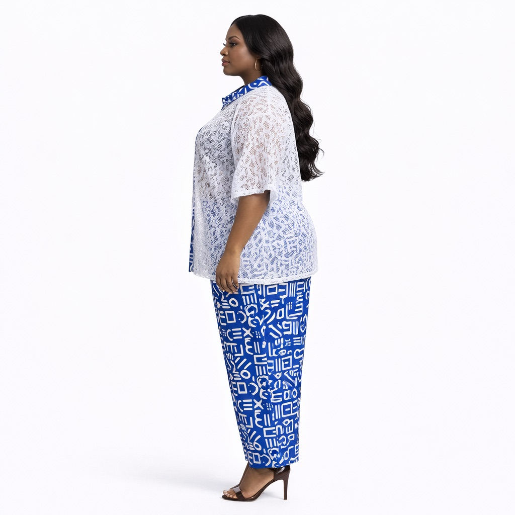 Blue Print Two Piece Set  with  Sheer Lace Overlay Top