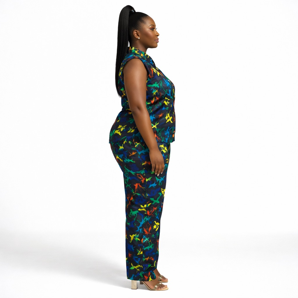Multicolor Abstract Print  Sleeveless Shirt and  Trouser Set