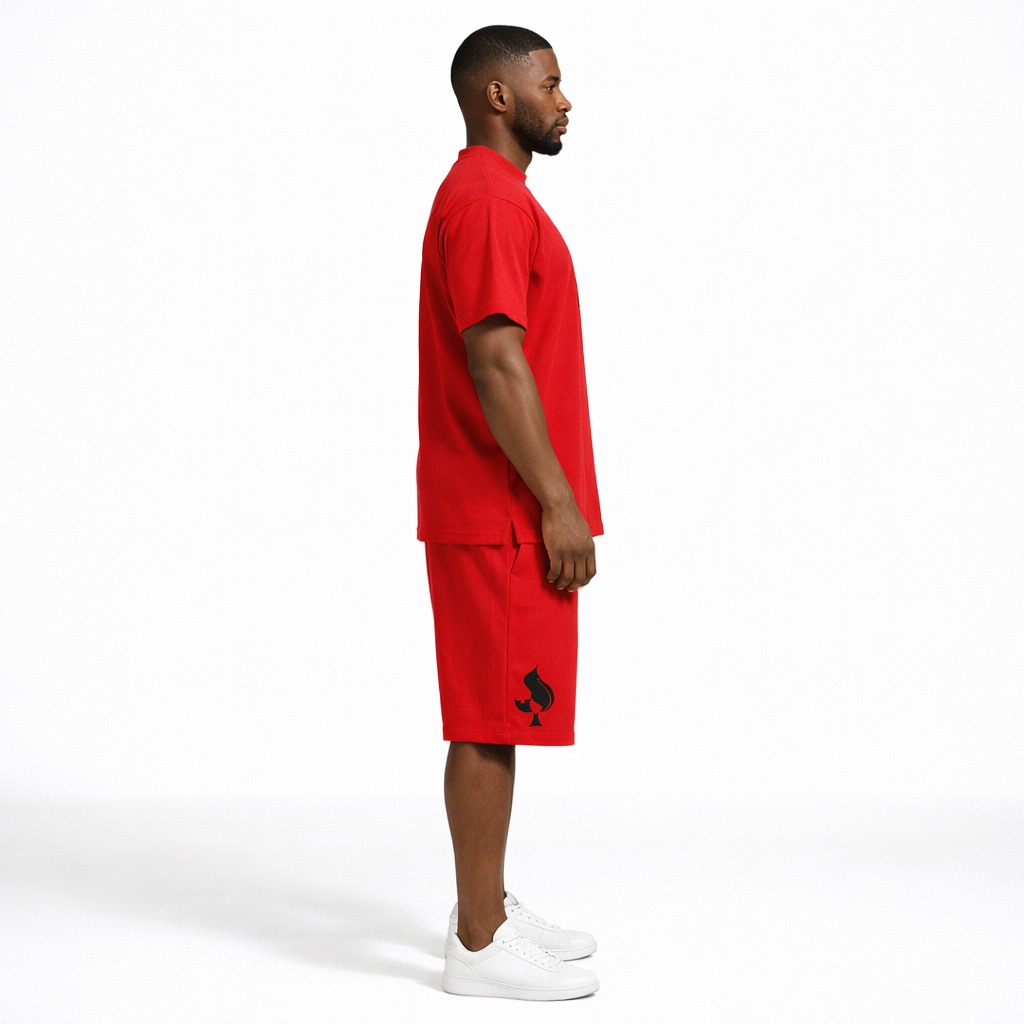 Red Graphic T Shirt  and Shorts Set with  Ace Print