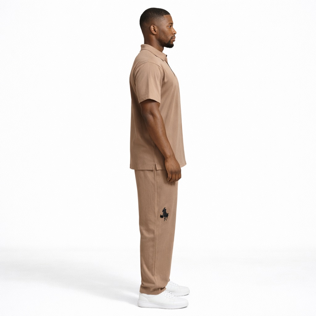 Khaki Polo Shirt and Trouser Set  with  Zip Collar Detail