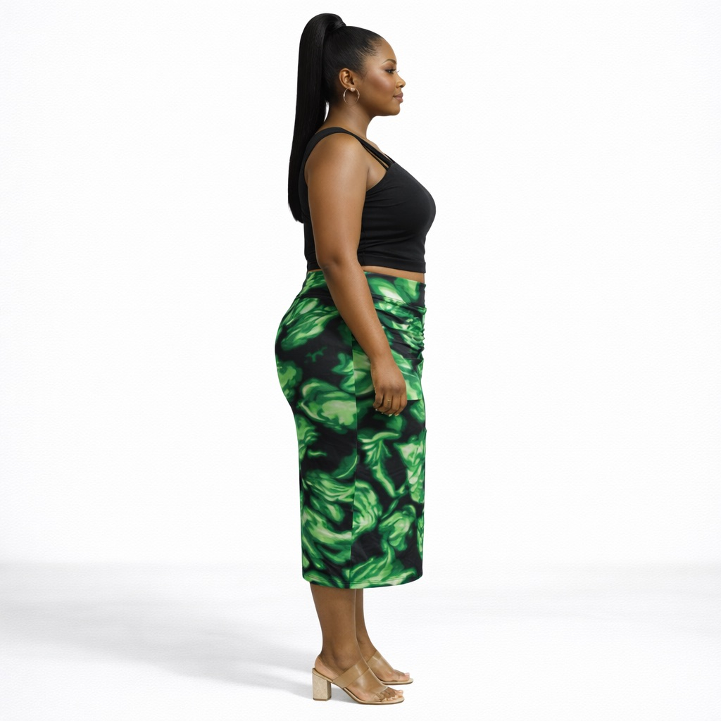 Black One Shoulder Top and Green Abstract Print  Midi Skirt Set