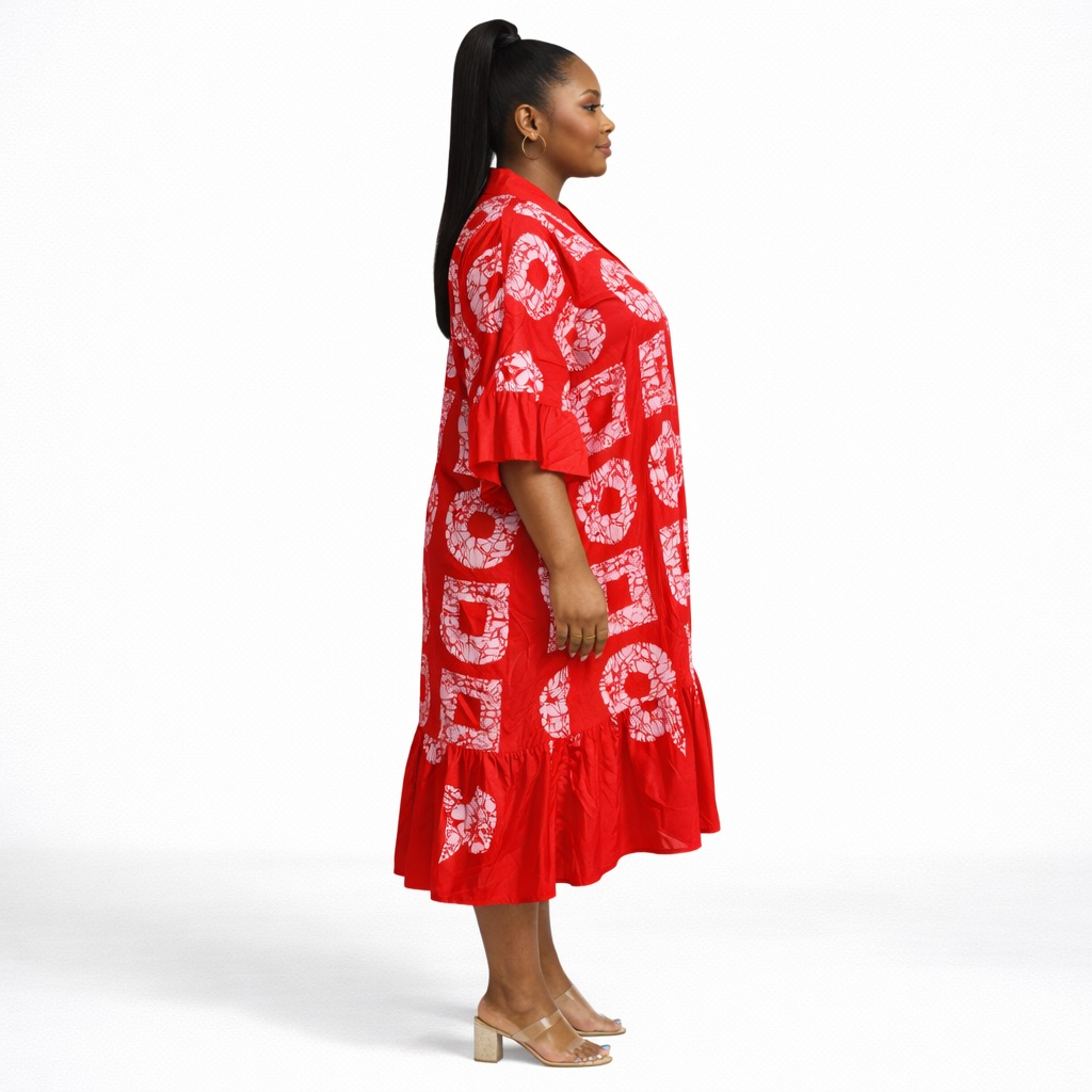 Red Abstract Print Kaftan Dress  with  Ruffle Hem