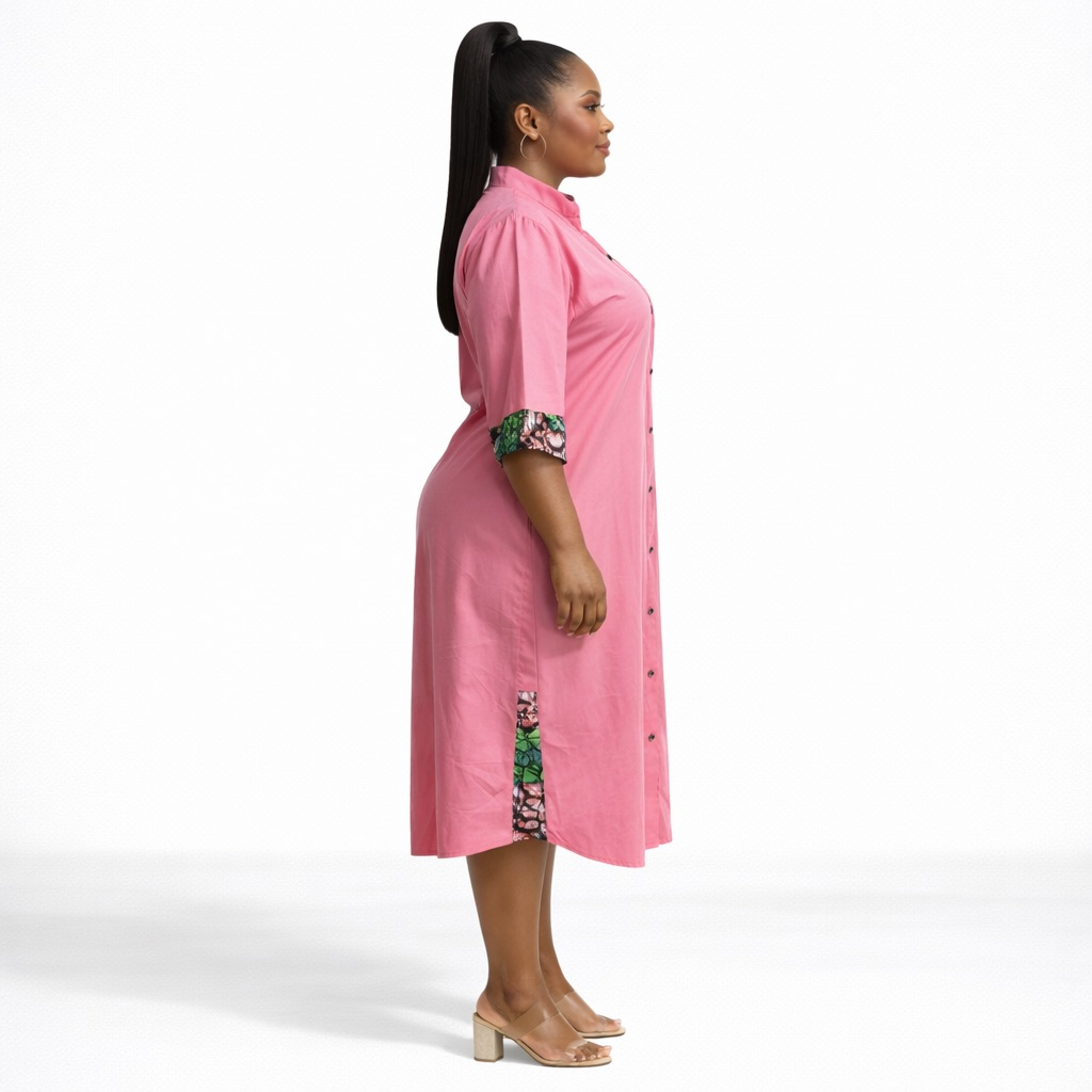 Pink Button Down Shirt Dress  with  Ankara Patch Detail