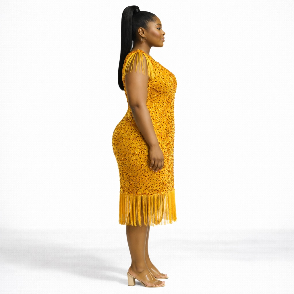 Gold Sequin Fringe Mini Dress  with  Shoulder Tassels
