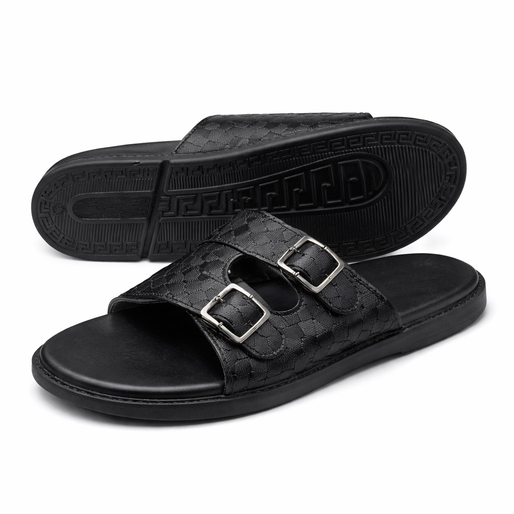 Black Woven Leather Double Buckle Slide Sandals