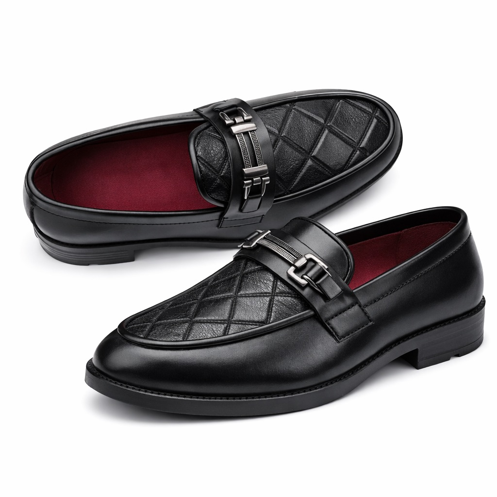 Black Quilted Panel Leather Loafers  with  Metal Bit Detail
