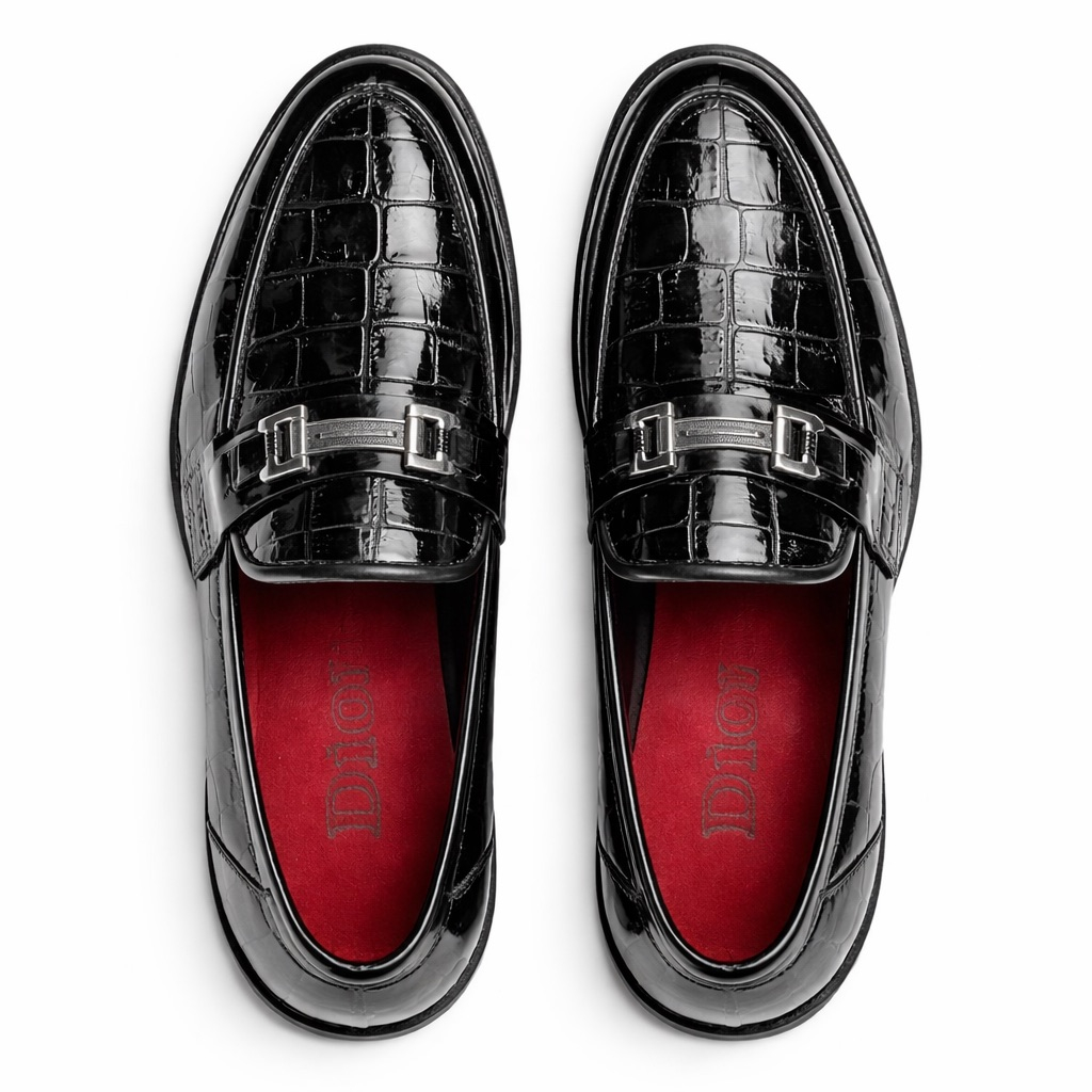 Black Glossy Croc Texture Loafers  with Signature Metal Bar Detail
