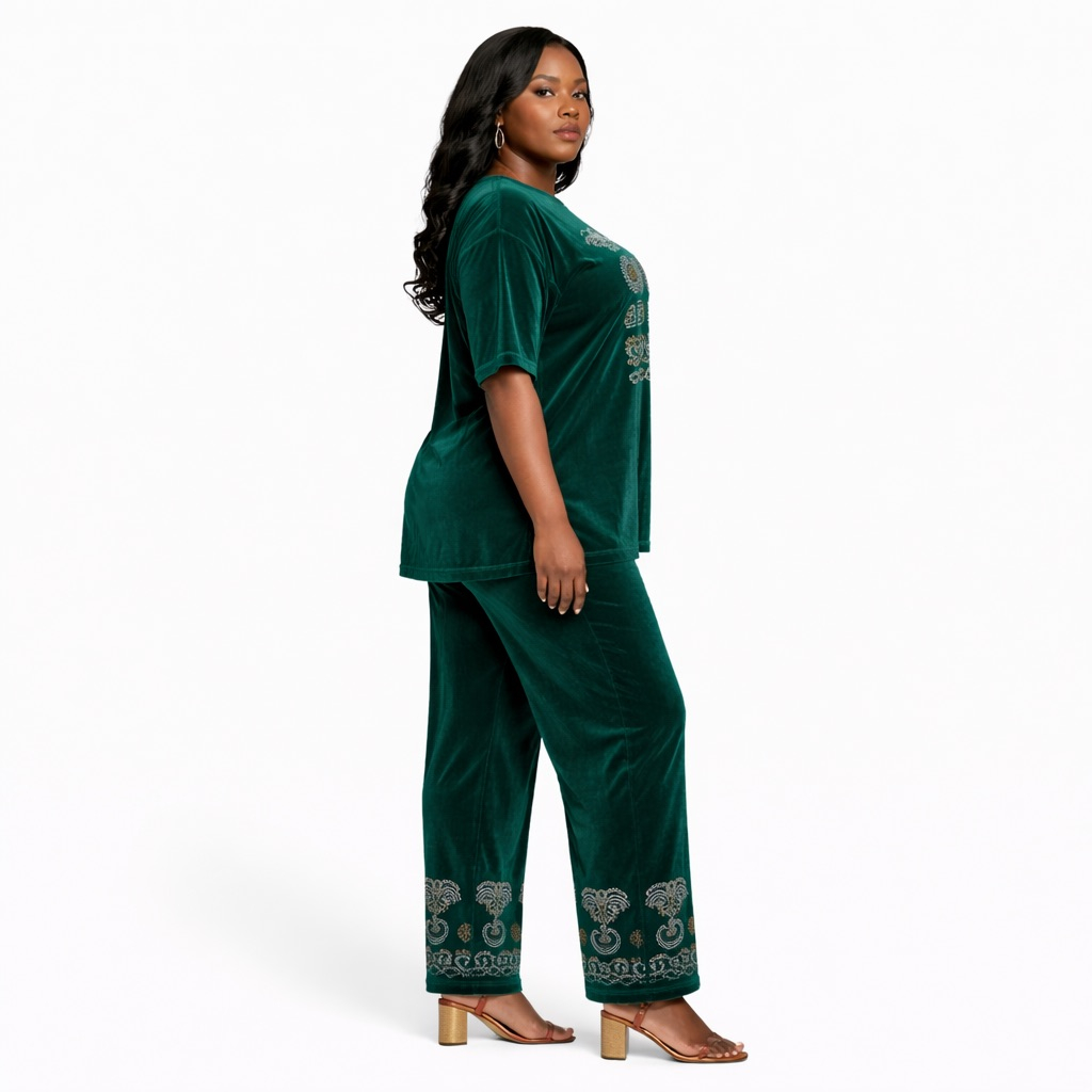 Green Velvet Embellished   Two Piece Lounge Set
