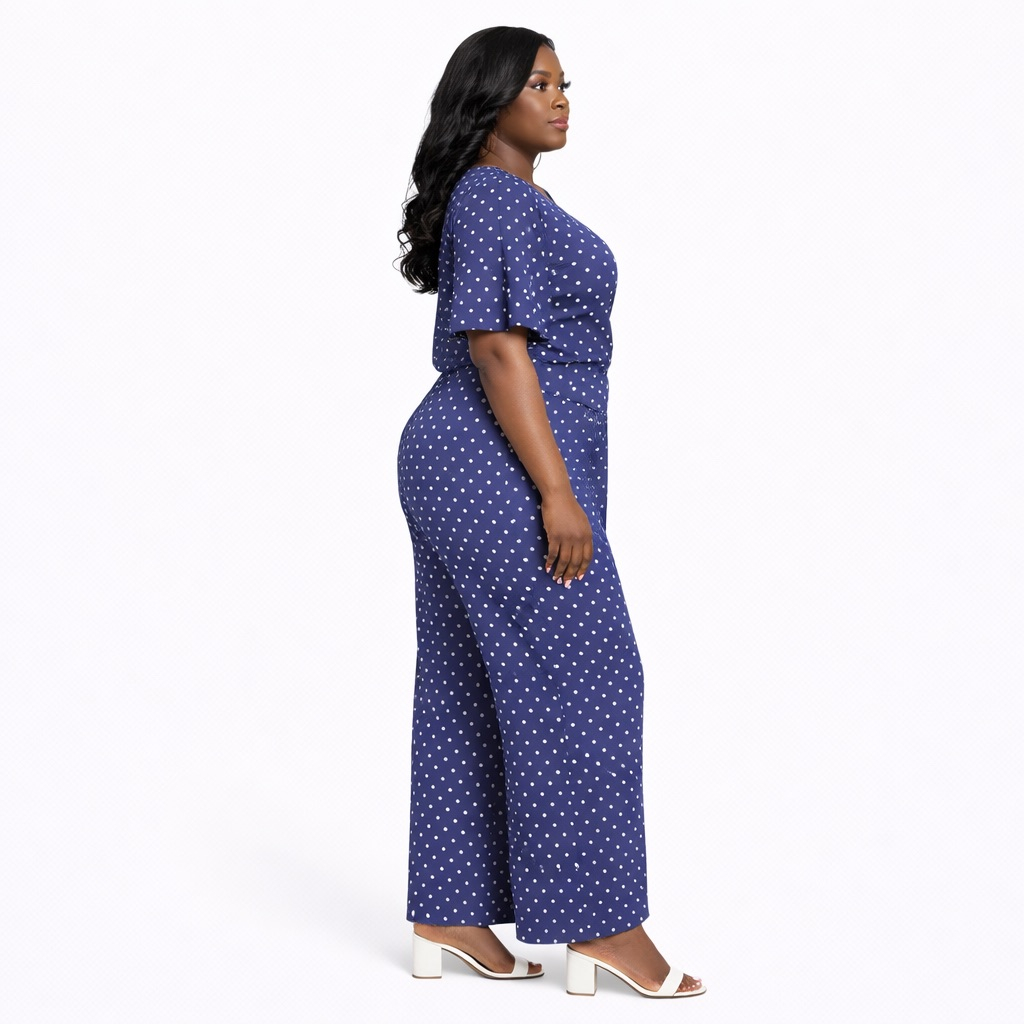 Blue Polka Dot Wrap Midi Dress with Flutter Sleeves