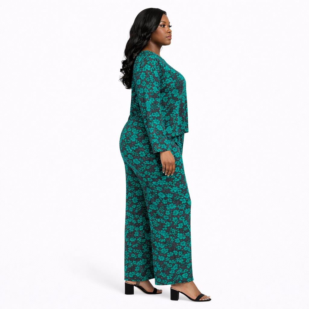 Green Floral  Print Long  Sleeve Two Piece Set