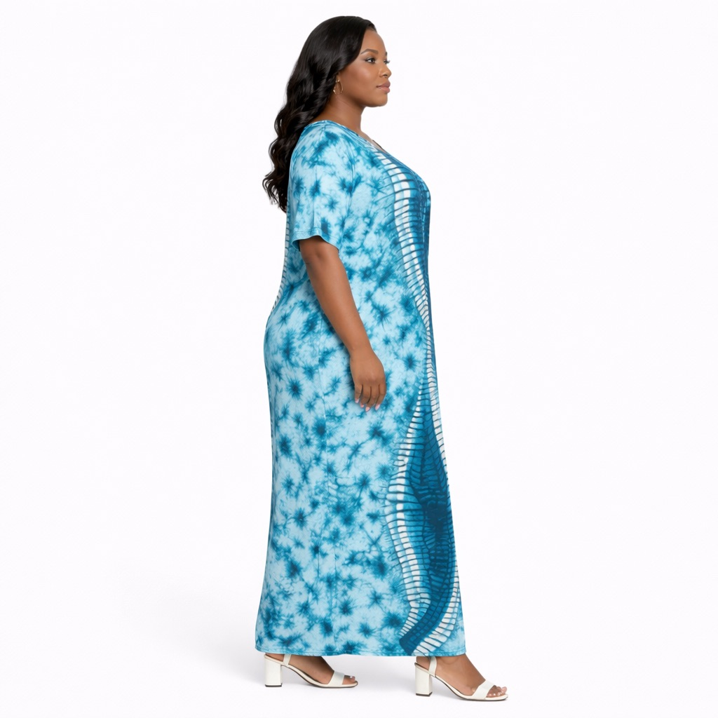 Teal Tie Dye  Kaftan Maxi Dress with V Neck