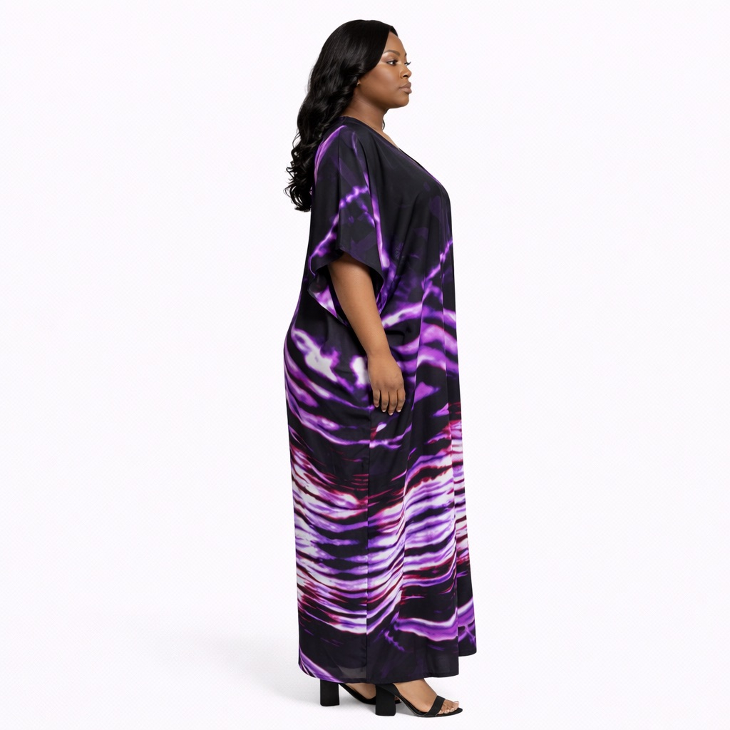 Black and Purple Tie Dye Kaftan Maxi Dress  with V Neck