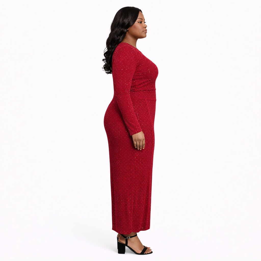 Red Pleated Bodycon Midi Dress with  Subtle Crystal Detailing