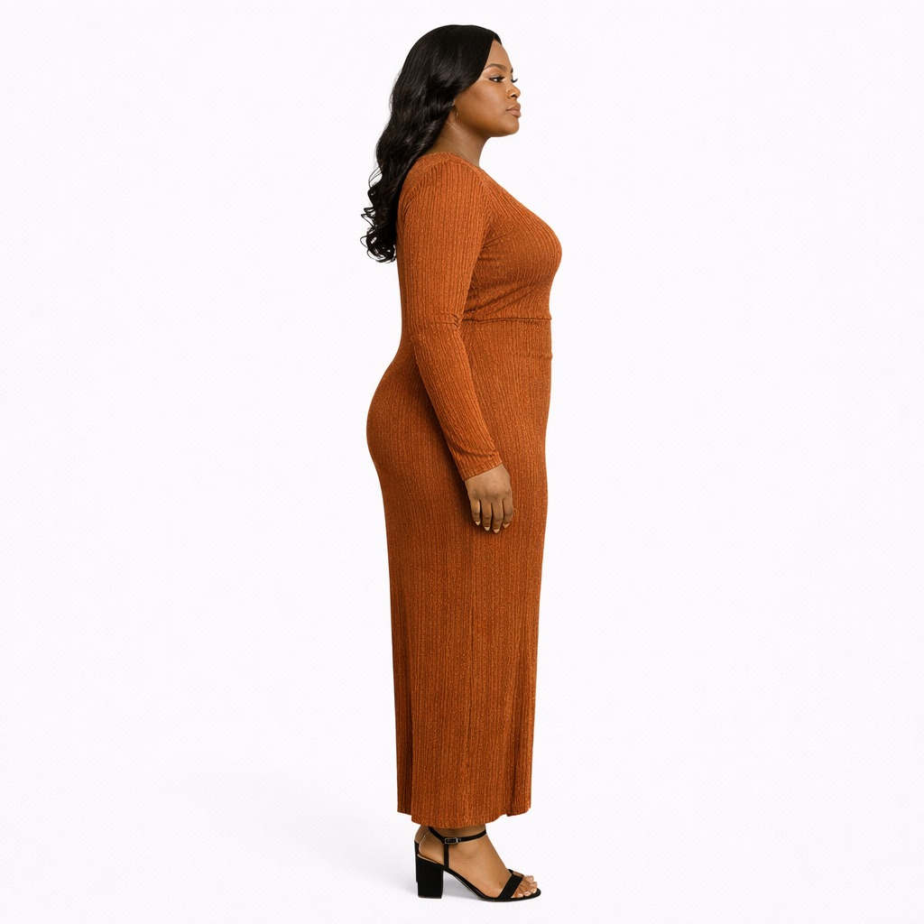 Rust Ribbed Bodycon Maxi Dress  with Long Sleeves
