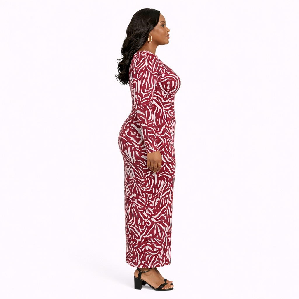 Burgundy Abstract Print  Long Sleeve Midi Dress