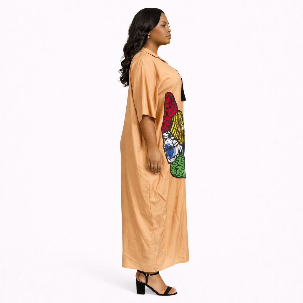 Beige Patchwork Kaftan Dress with  Tassel Detail